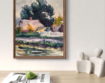 水彩風景画オリジナル、水彩画、趣のあるコテージのある田園風景