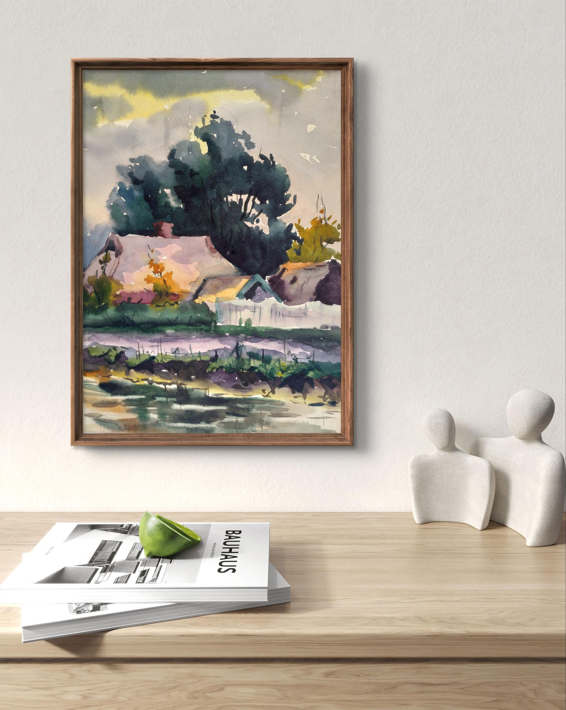 水彩風景画オリジナル、水彩画、趣のあるコテージのある田園風景