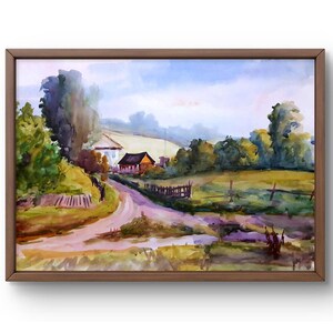 Dipinto ad acquerello paesaggio originale, dipinto su carta, paesaggio del villaggio, arte fatta a mano, natura, senza cornice, paesaggio di alberi, arte murale