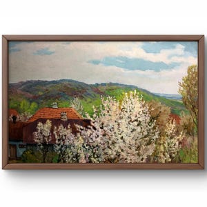 Pintura al óleo paisaje original, pintura al óleo sobre cartón, árboles en flor, techos rojos de casas y colinas verdes, arte hecho a mano, sin marco