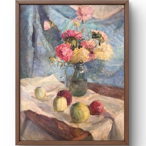Pintura al óleo naturaleza muerta original, pintura sobre cartón, naturaleza muerta de flores, arte hecho a mano, interior, sin marco, naturaleza muerta de frutas, arte de pared
