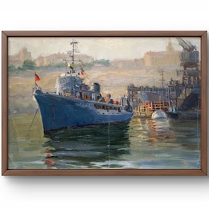 Pintura a óleo paisagem original, pintura a óleo sobre papelão, porto com navio azul atracado, edifícios no horizonte, arte artesanal, sem moldura