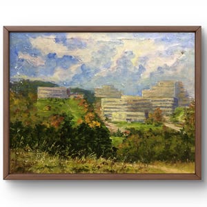 Oil painting landscape original, oil painting on canvas, green hills combined with modern buildings, handmade art, unframed, wall art
