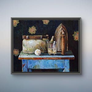Oil painting still life original, painting on canvas, food still life, handmade art, unframed, contemporary art, iron still life, wall art