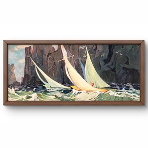 Oil painting landscape original, oil painting on canvas, sailboats on raging waves, large rocks, handmade art, framed, wall art