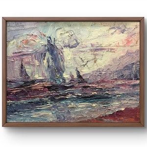 Oil painting landscape original, oil painting on canvas, sailboats on rough sea, dramatic sky with clouds, handmade art, unframed, wall art