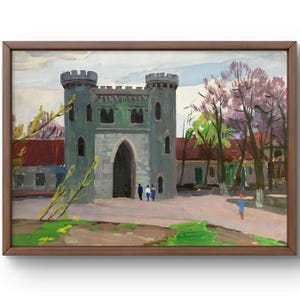 Dipinto a guazzo paesaggio originale, dipinto su carta, paesaggio di castello, arte fatta a mano, natura, senza cornice, paesaggio di edifici, arte murale
