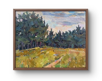 Oljemålning landskap original, oljemålning på duk, skogsbryn med gyllene ängar, lugn natur, handgjord konst, oramad, väggkonst