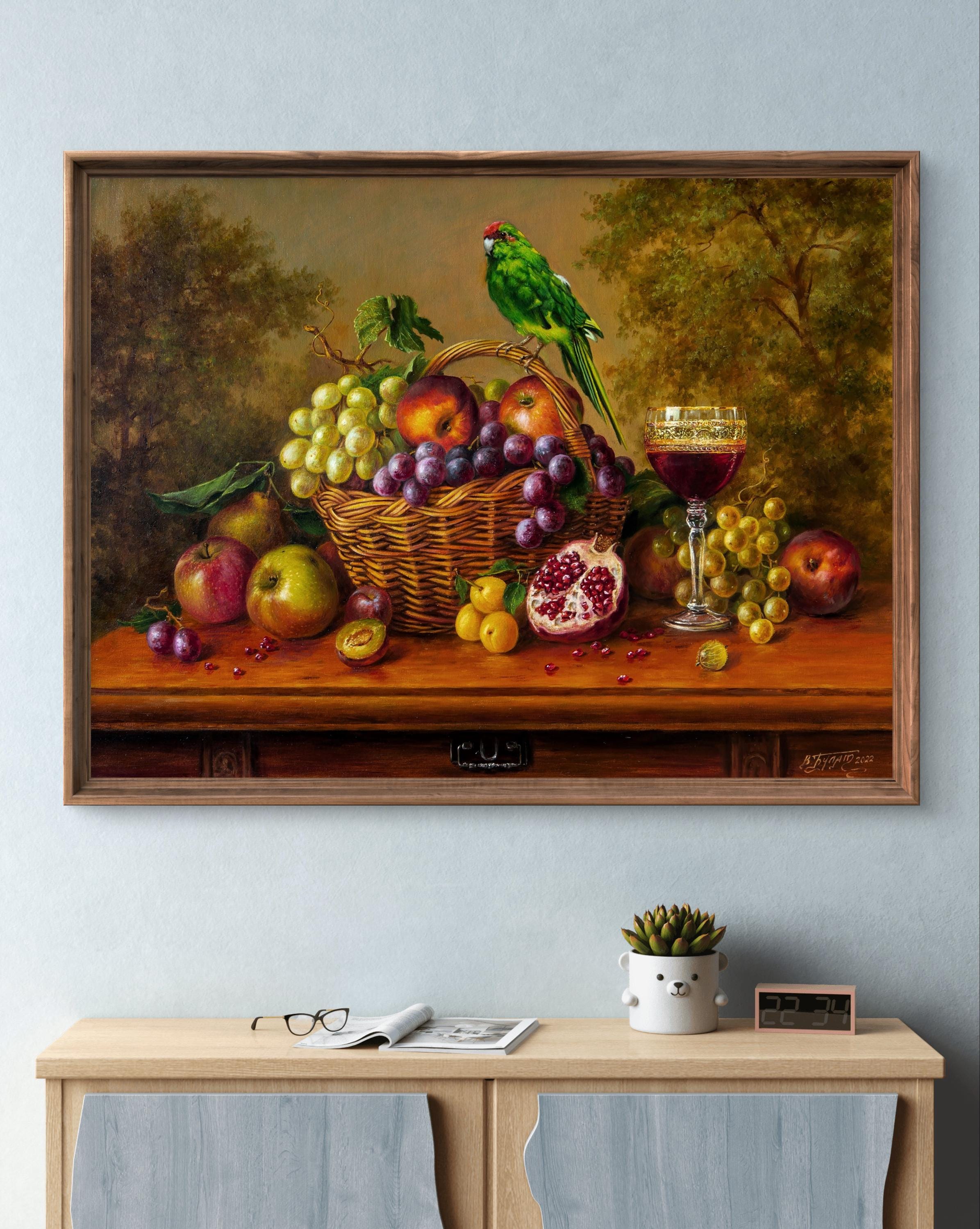 オリジナル油絵静物画：果物、ワイン、緑の鳥 - Etsy 日本