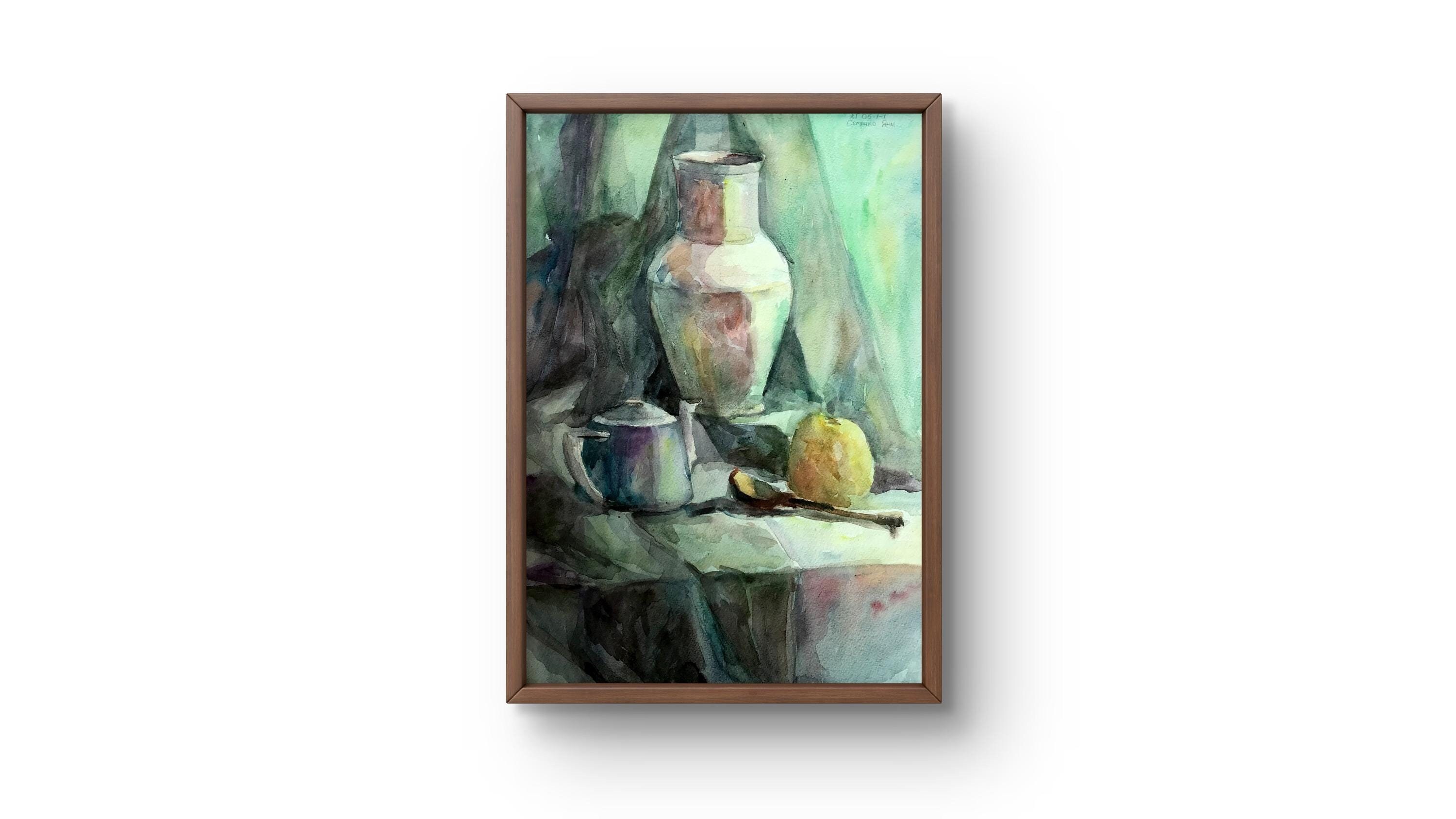Watercolor painting still life original, watercolor painting, composition of a vase, teapot, fruit and spoon, handmade art, unframed