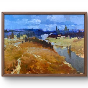 Pintura al óleo paisaje original, pintura sobre cartón, paisaje de río, arte hecho a mano, naturaleza, sin marco, paisaje de verano, arte de pared