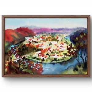 Dipinto ad acquerello paesaggio originale, dipinto su carta, paesaggio fluviale, arte fatta a mano, natura, senza cornice, scenario autunnale, arte murale