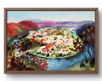 Pintura de acuarela de paisaje original, pintura sobre papel, paisaje de río, arte hecho a mano, naturaleza, sin marco, paisaje de otoño, arte de pared