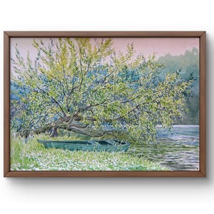 Origineel aquarellandschapsschilderij: rivierwilg, groene boot (8,26 x 11,81 inch)