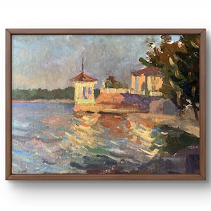 Pintura a óleo paisagem original, pintura em papelão, paisagem marinha, arte artesanal, natureza, sem moldura, cenário de verão, arte de parede