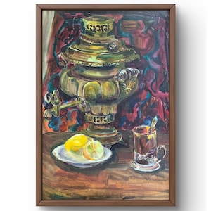 Dipinto ad acquerello natura morta originale, dipinto ad acquerello su carta, samovar sul tavolo, fette di limone, arte fatta a mano, senza cornice, arte murale