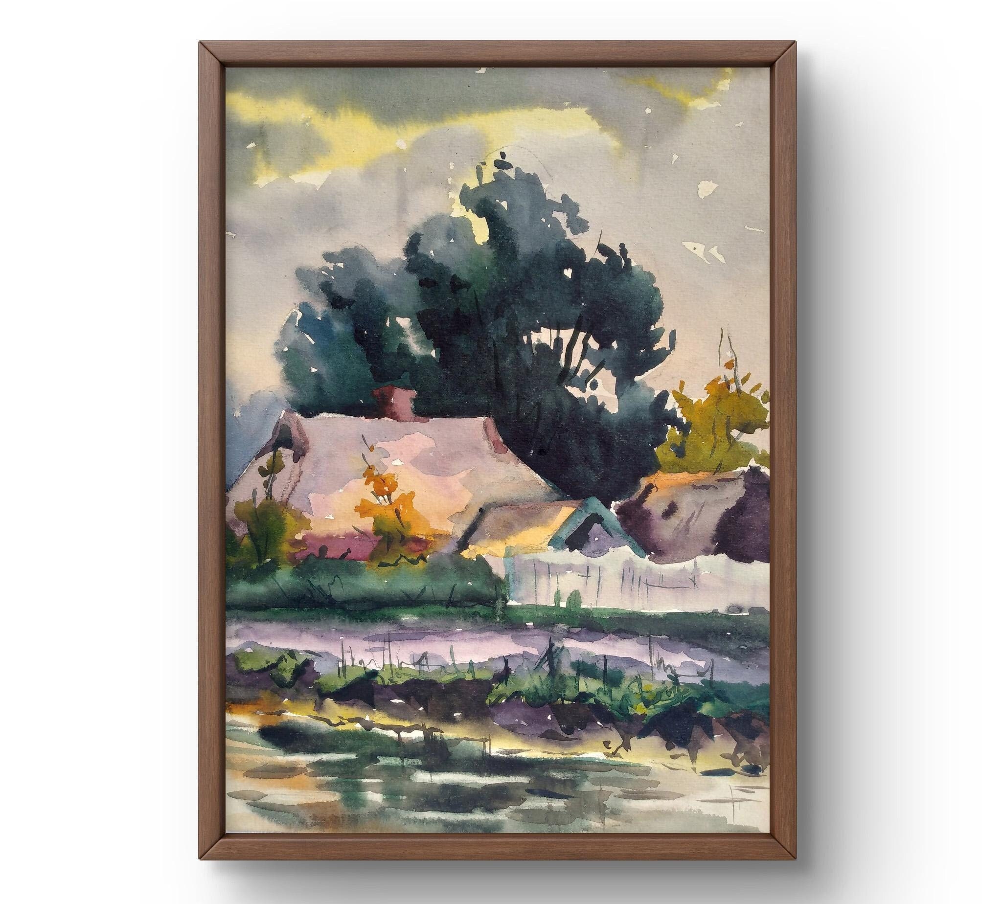 水彩風景画オリジナル、水彩画、趣のあるコテージのある田園風景