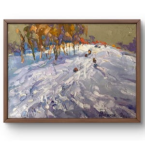 Oil painting landscape original, oil painting on canvas, winter landscape with textured snowdrifts, handmade art, unframed, wall art