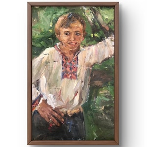 Retrato pintado al óleo original, pintura al óleo sobre cartón, niño con camisa tradicional ucraniana bordada, arte hecho a mano, sin marco, arte de pared