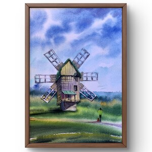 Acquerello dipinto paesaggio originale, dipinto su carta, paesaggio mulino, arte fatta a mano, natura, senza cornice, paesaggio di campo, arte murale