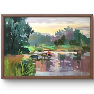 Pintura a óleo paisagem original, pintura em papelão, paisagem de lagoa, arte artesanal, natureza, sem moldura, paisagem florestal, arte de parede