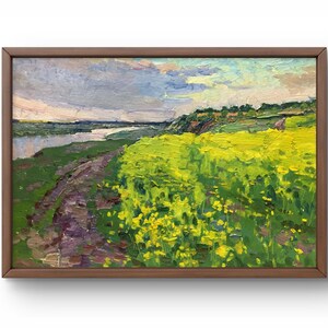 Pintura a óleo paisagem original, pintura a óleo sobre papelão, paisagem de verão brilhante com campo de flores florescendo, arte feita à mão, sem moldura
