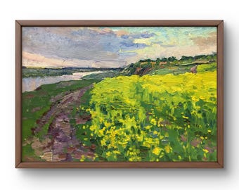 油絵風景画オリジナル、段ボールの油絵、花が咲く野原のある明るい夏の風景、手作りアート、フレームなし