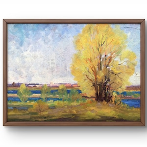 Pintura al óleo paisaje original, pintura sobre cartón, paisaje de otoño, arte hecho a mano, naturaleza, sin marco, paisaje de árboles, arte de pared