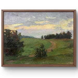 Oil painting landscape original, oil painting on canvas, field road and green fields under the evening sky, handmade art, unframed, wall art