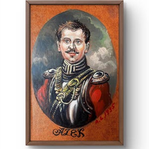 Retrato de pintura a óleo original, pintura a óleo sobre papelão, nobre em traje luxuoso com armadura, arte feita à mão, sem moldura, arte de parede
