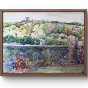 Dipinto ad acquerello paesaggio originale, dipinto su carta, paesaggio collinare, arte fatta a mano, natura, senza cornice, paesaggio con vista sulla città, arte murale