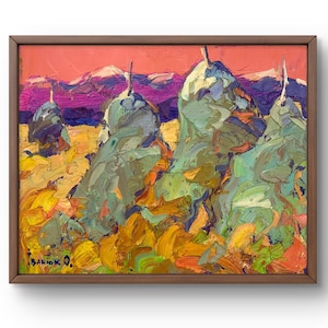 Oil painting landscape original, oil painting on canvas, dynamic landscape with bright colors and textured brushstrokes, handmade art