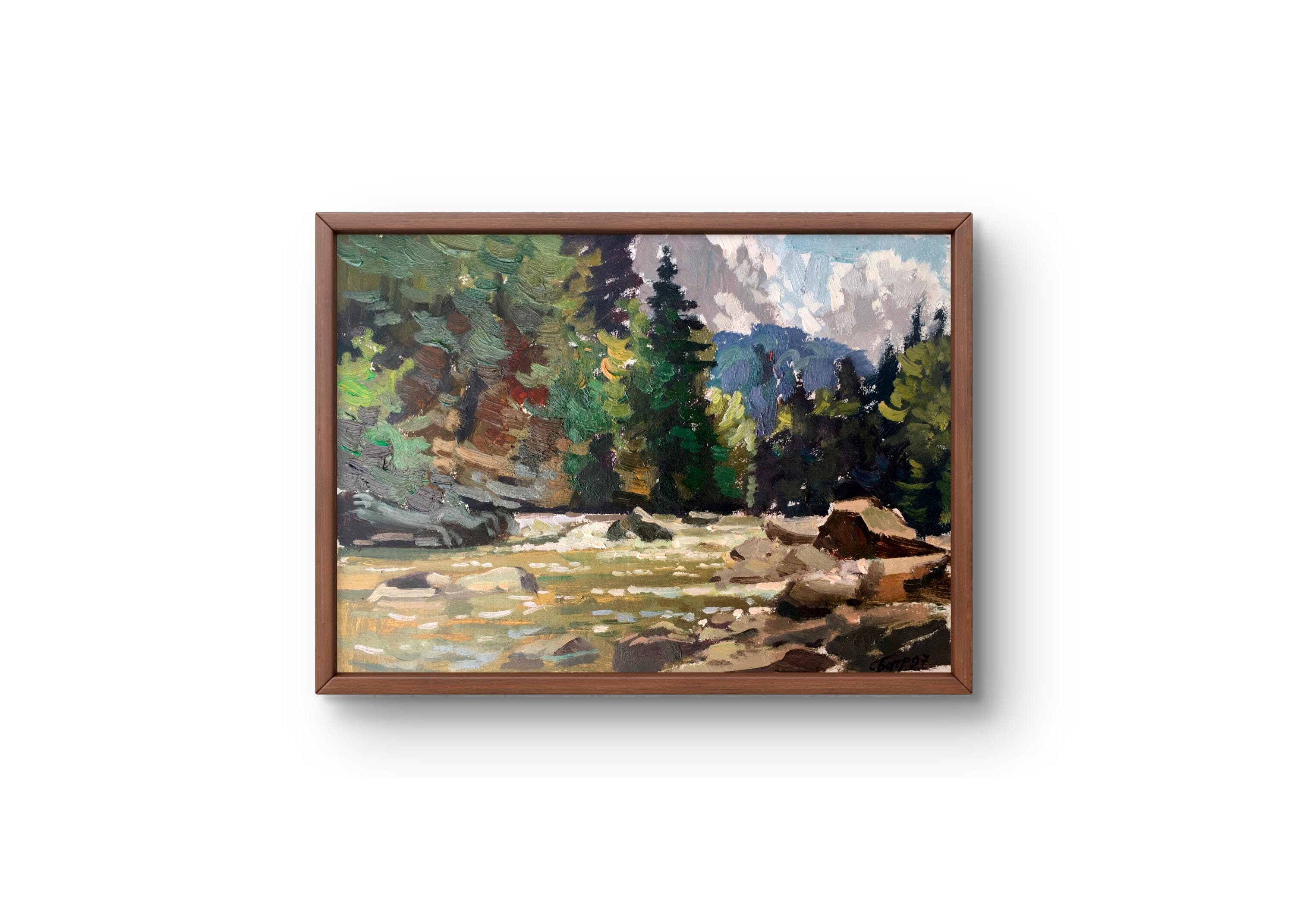 Oil painting landscape original, painting on cardboard, forest landscape, handmade art, nature, unframed river landscape, wall art