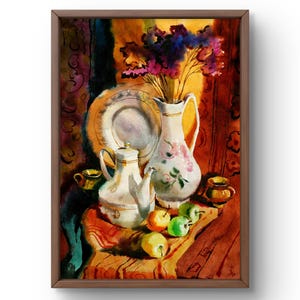 Dipinto ad acquerello natura morta originale, dipinto ad acquerello, vaso di fiori, teiera, piatti decorativi e frutta, arte fatta a mano, senza cornice