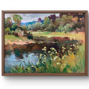 Pintura a óleo paisagem original, pintura em papelão, floresta verde, arte artesanal, natureza, sem moldura, cenário de verão, arte de parede