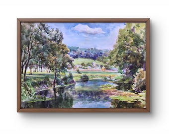 印象派風景画 川と散歩する人々D5 川沿いの散歩道、川の反射、緑の川、緑の葉、田園風景、水彩画、風景