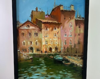 Öl Landschaft, Stadtansicht, Architektur, Original Gemälde, Herbst Landschaft, Stadt Fluss, Venedig, Handgemachte Kunst