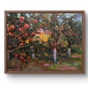 Pintura al óleo paisaje original, pintura sobre cartón, paisaje de otoño, arte hecho a mano, naturaleza, sin marco, paisaje de jardín, arte de pared