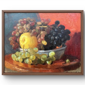 Pintura al óleo de bodegón original, pintura sobre cartón, bodegón de frutas, arte hecho a mano, interior, sin marco, bodegón de comida, arte de pared
