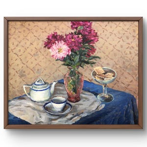 Pintura a óleo natureza morta original, pintura a óleo sobre papelão, natureza morta aconchegante, vaso com flores, bule com xícara, arte feita à mão, sem moldura