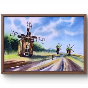 Dipinto ad acquerello paesaggio originale, dipinto su carta, paesaggio di mulini, arte fatta a mano, natura, senza cornice, paesaggio stradale, arte murale