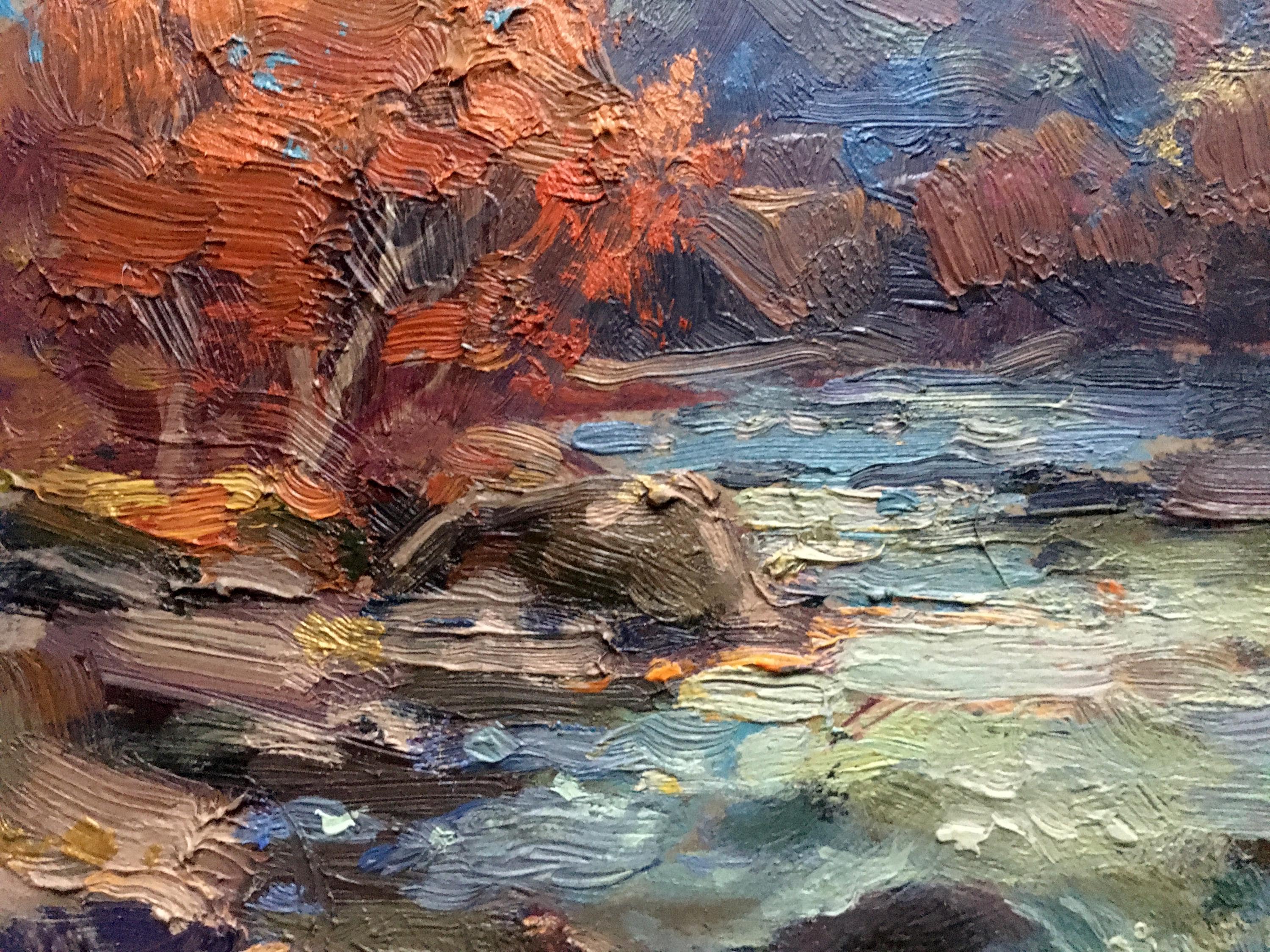 油絵風景画オリジナル、段ボールに描いた絵、川の風景、手作りアート