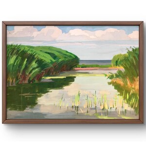 Dipinto a guazzo paesaggio originale, dipinto su carta, paesaggio fluviale, arte fatta a mano, natura, senza cornice, paesaggio di canne. arte murale