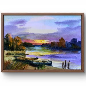 Dipinto ad acquerello paesaggio originale, dipinto su carta, paesaggio fluviale, arte fatta a mano, natura, senza cornice, paesaggio di barche, arte murale