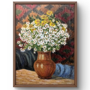 Pintura gouache naturaleza muerta original, pintura al óleo sobre cartón, ramo de margaritas, flores silvestres amarillas, arte hecho a mano, enmarcado, arte de pared