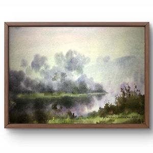Pintura aquarela paisagem original, pintura em papelão, paisagem fluvial, arte artesanal, natureza, sem moldura, paisagem fluvial, arte de parede