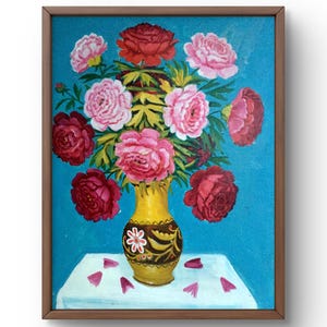 Pintura al óleo bodegón original, pintura al óleo sobre cartón, ramo de rosas en tonos rojos y rosas, arte hecho a mano, sin marco, arte de pared