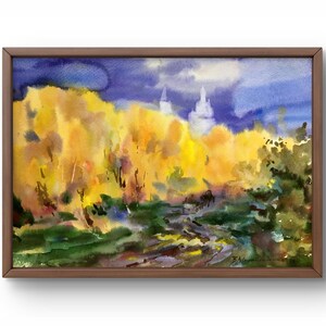 Pintura de acuarela paisaje original, pintura sobre cartón, paisaje de campo, arte hecho a mano, naturaleza, sin marco, paisaje de árboles, arte de pared