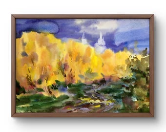 Watercolor painting landscape original, painting on cardboard, field landscape, handmade art, nature, unframed, trees landscape, wall art