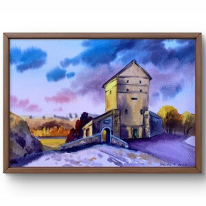 Dipinto ad acquerello paesaggio originale, dipinto su carta, paesaggio del castello, arte fatta a mano, natura, senza cornice, paesaggio del villaggio, arte murale